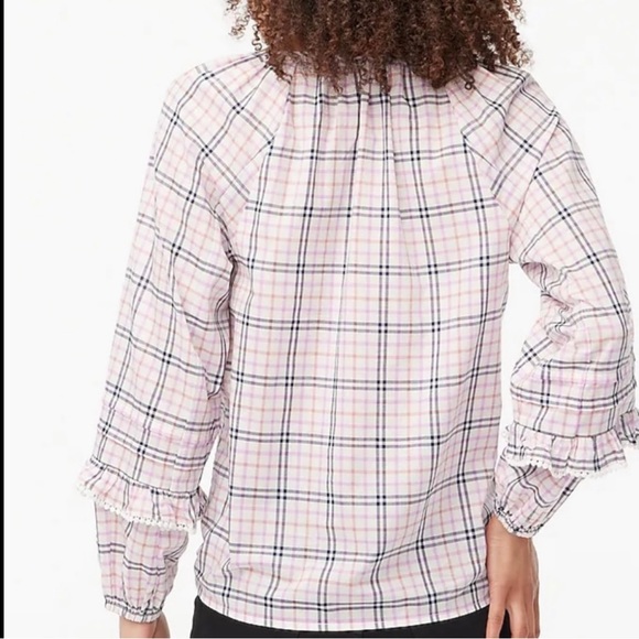 J.CREW Plaid Ruffle Trim Peasant Top Blouse Shirt Ivory Pink Blue Eyelet Light - Picture 7 of 13